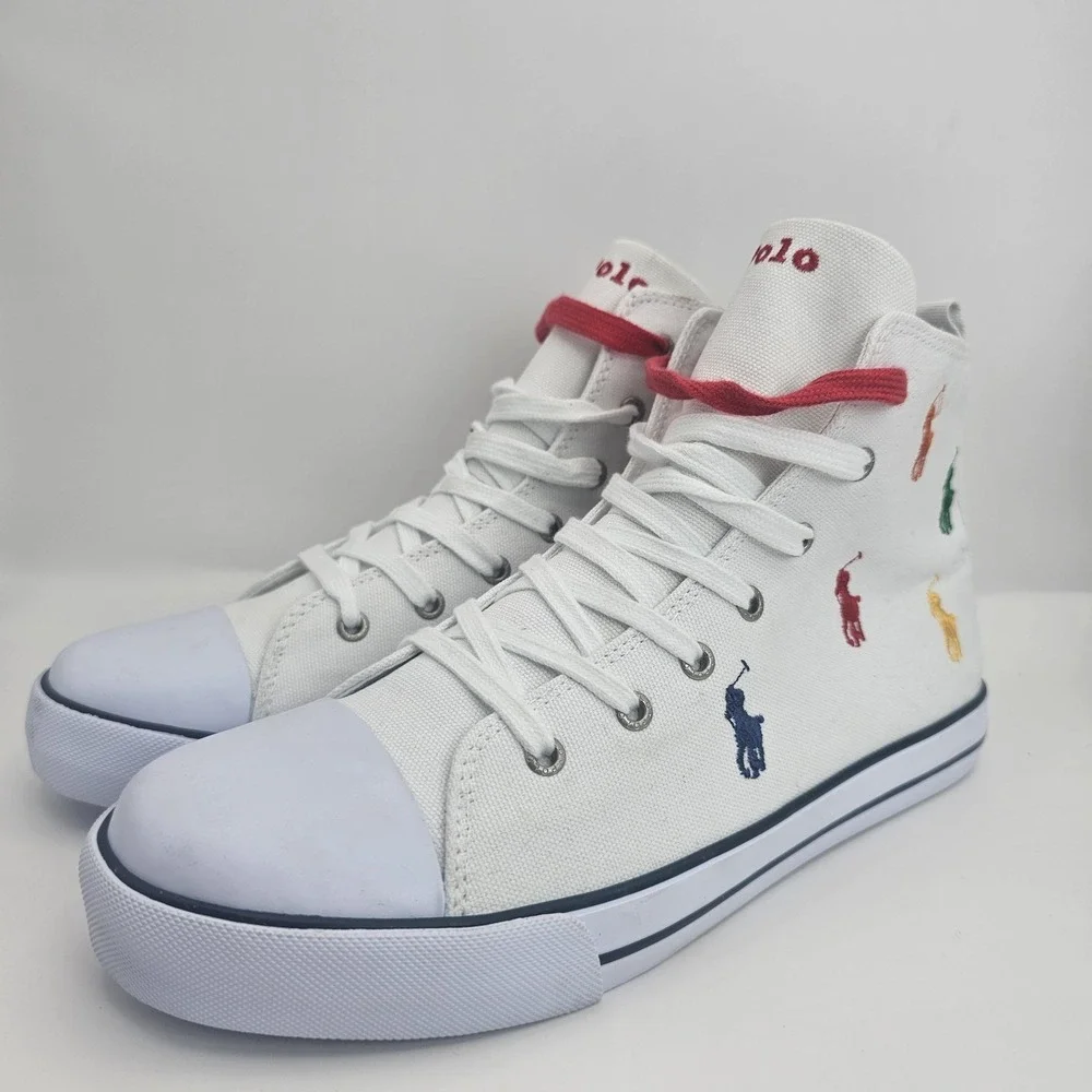 Polo Ralph Lauren Boys Sz 6.5 Hamptyn II White Multicolor Canvas HighTop Sneaker
